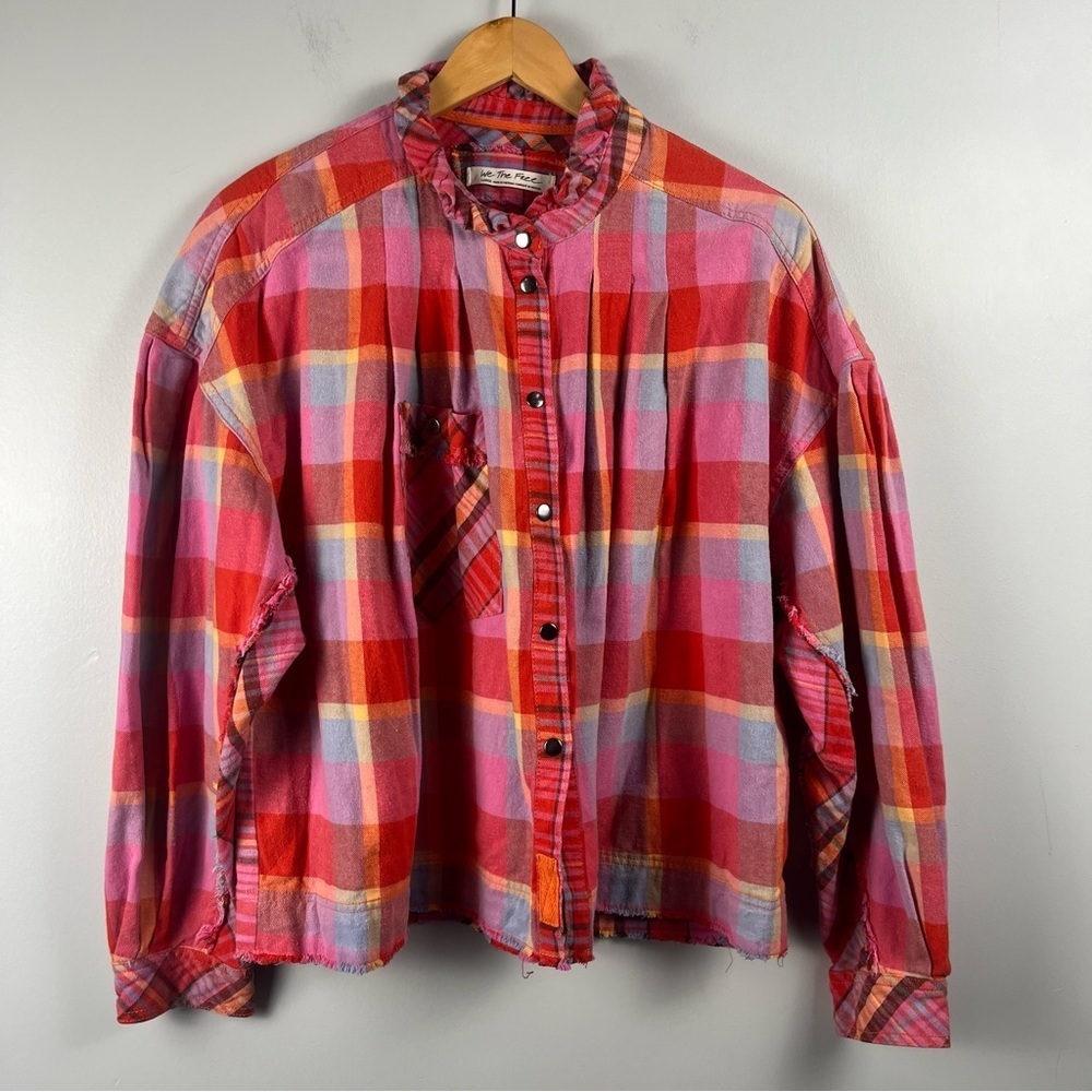 Free People Cotton Emily Plaid Top pink red size large - Picture 2 of 6